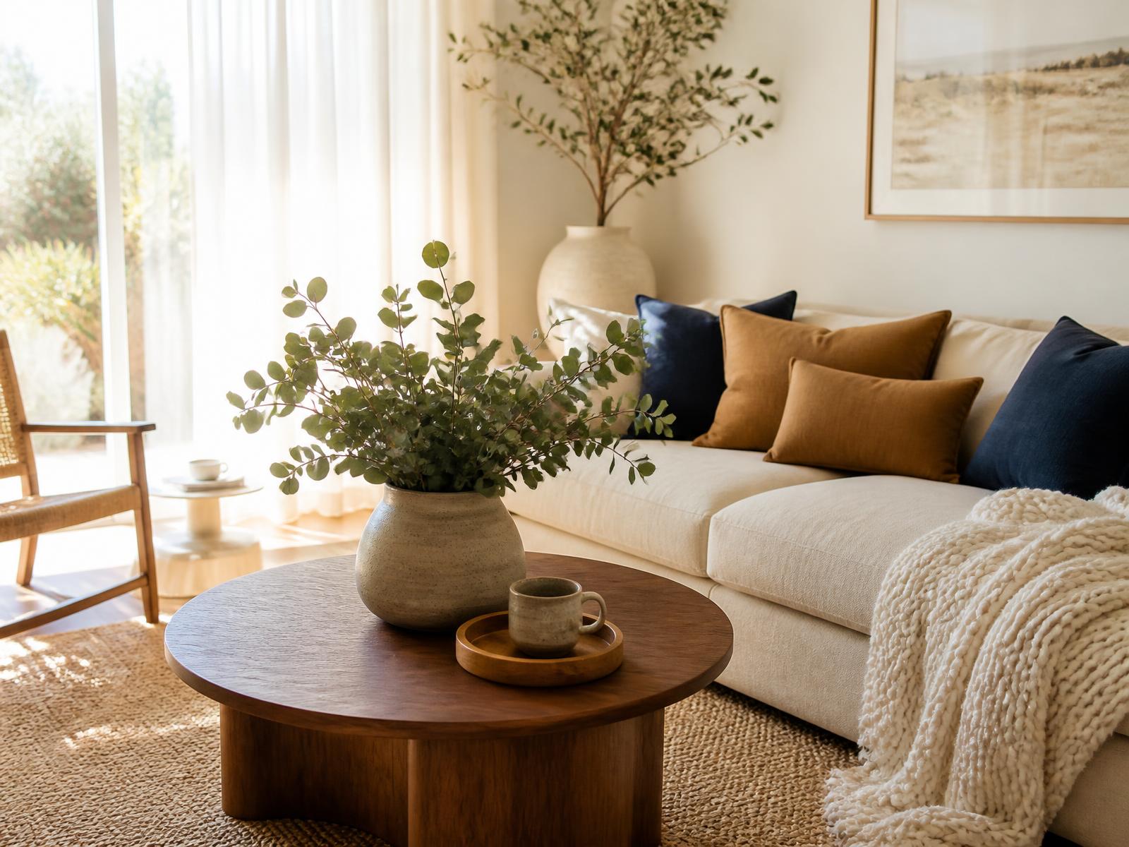 Sunlit living room styled for guests with linen sofa and coffee table